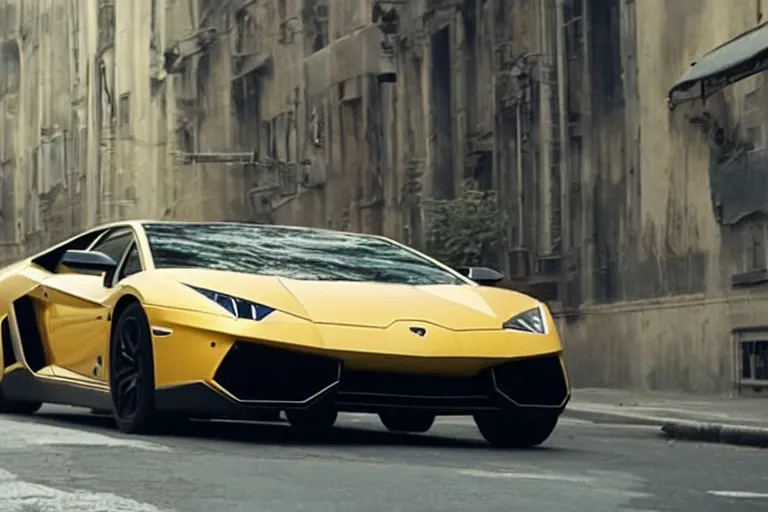 Prompt: A cinematic film still of a Lamborghini in the movie 2012.