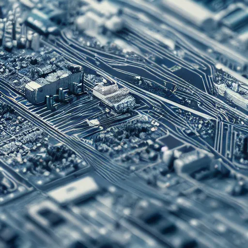 Image similar to tilt-shift photography of a city on a circuit board, highly detailed, 8k, Unreal Engine render