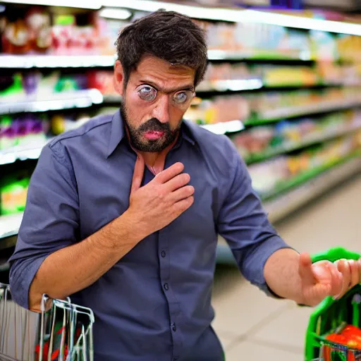 Image similar to very frustrated Poseidon annoyed and complaining with wild gestures to other customers at the supermarket, bokeh, Sigma 85mm, f/1.4