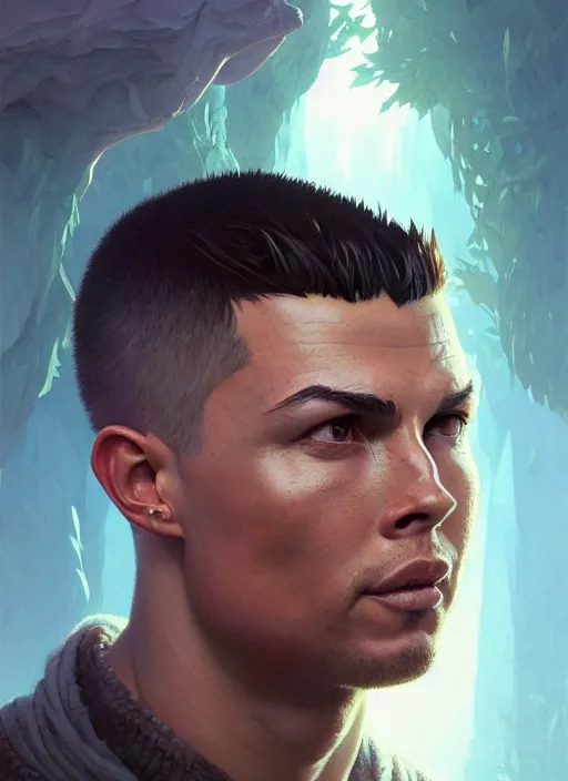 Image similar to highly detailed portrait of ronaldo phenomenal, stephen bliss, unreal engine, fantasy art by greg rutkowski, loish, rhads, ferdinand knab and lois van baarle, ilya kuvshinov, rossdraws, tom bagshaw, alphonse mucha, global illumination, detailed and intricate environment