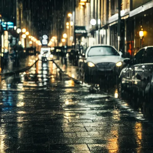 Prompt: photo, night, rain, modern city street, focus to the bar