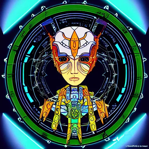 Image similar to portrait of a future metaverse cyborg tech shaman warrior, 2D cartoon, flat cartoony, visionary art, symmetric, Magick symbols, holy halo, shipi bo patterns, sci-fi