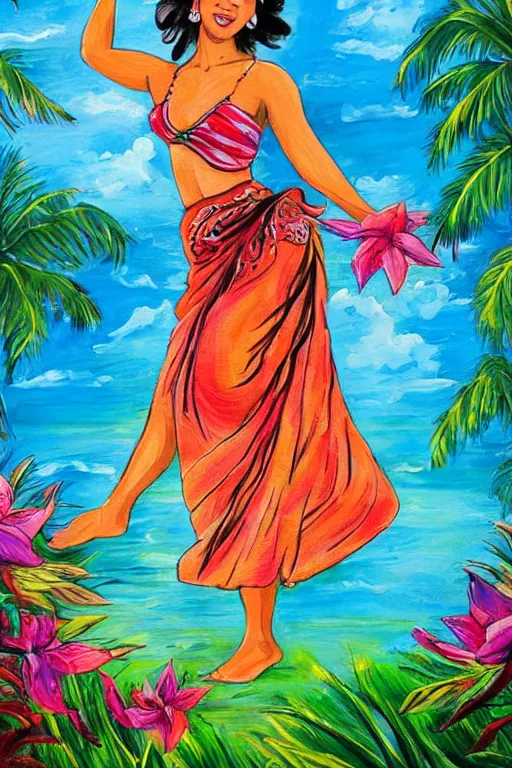 Image similar to authentic artwork of hawaiian hula dancer, high detail, beautiful background