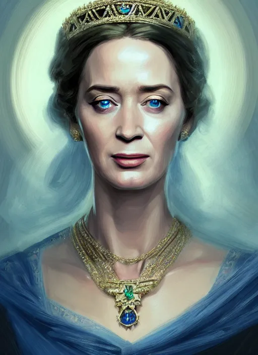 Image similar to portrait of emily blunt as queen, jewelry, greek, silk, sapphire, victorian age, 1 8 9 0, intricate, headshot, key visual, conceptart, ambient lighting, highly detailed, digital painting, artstation, concept art, sharp focus, by makoto shinkai and akihiko yoshida and greg manchess