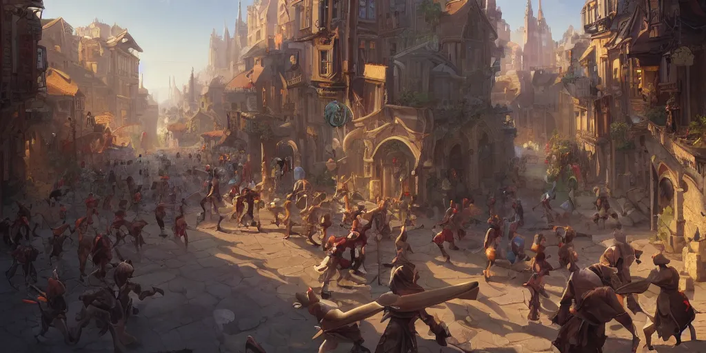 Prompt: a busy fantasy street battle within a fascinating old city, by Sylvain Sarrailh, by Sebastian Luca, by Nicodemus Yang-Mattisson, cinematic, simple but effective composition, clean lines, beautiful digital painting, oil painting, great character design, dungeons and dragons, lord of the rings, exciting, close up character