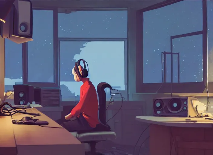 Image similar to man with headphones at his home studio producing music late at night, very detailed, 4 k, cory loftis, james gilleard, atey ghailan, makoto shinkai, goro fujita, studio ghibli, rim light, exquisite lighting, clear focus, very coherent