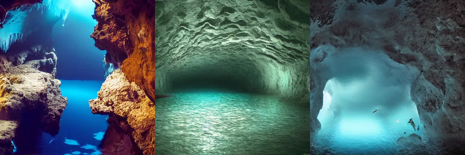 Prompt: deep dark underwater cave in the style of Thomas Peschak