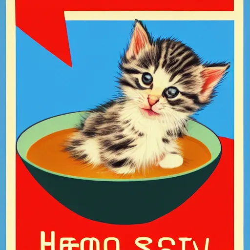 Image similar to baby kitten on a bowl of soup, soviet union poster propaganda