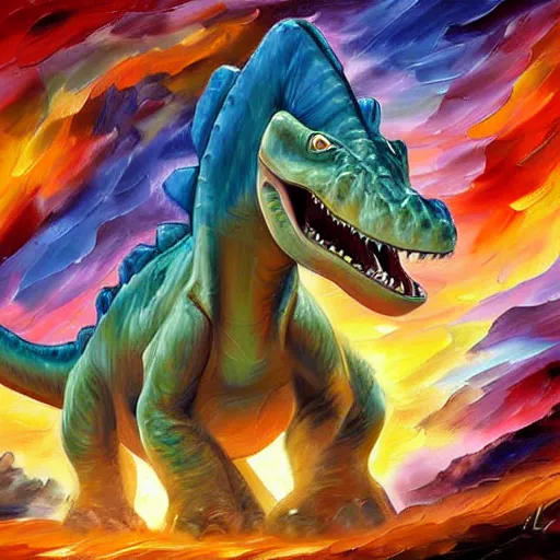 Prompt: digital painting of LittleFoot from The Land Before Time by Leonid Afremov, dinosaur