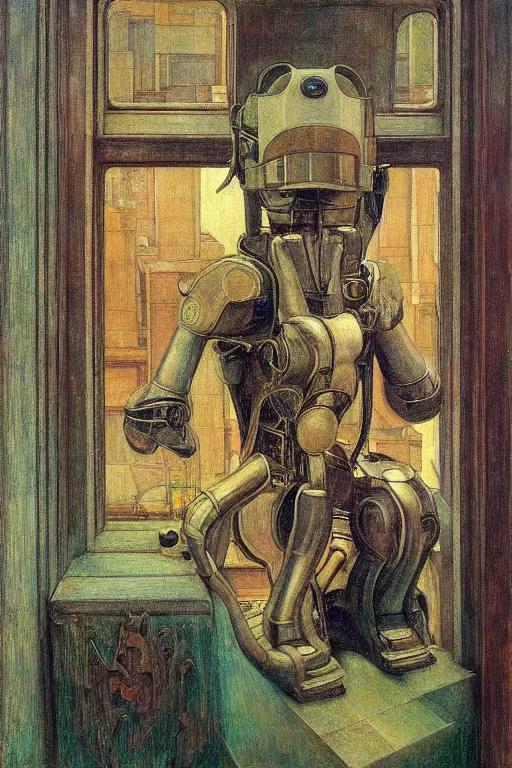 Image similar to the robot wearing his electric crown stands by the window , by Annie Swynnerton and Diego Rivera and Elihu Vedder, symbolist, dramatic lighting, elaborate geometric ornament, Art Brut, soft blues and greens,smooth, sharp focus, extremely detailed, Adolf Wölfli and Evelyn De Morgan