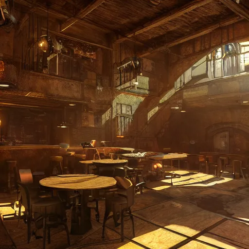 Prompt: ultra mega super hyper realistic Digital concept interior design of Cyberpunk tavern mixed with medieval style. Natural sunlight from the transperient roof . Rendered in VRAY and DaVinci Resolve and MAXWELL and LUMION 3D, Volumetric natural light