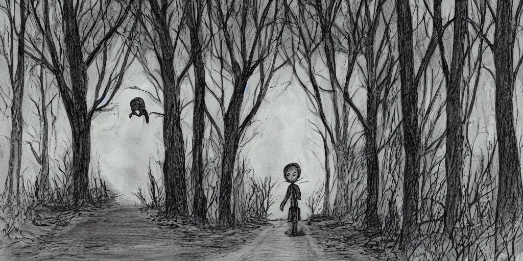 Prompt: a mysterious ghost boy on a vacant road in the remote woods, scary, horror vibe in the style of Barry Blitt