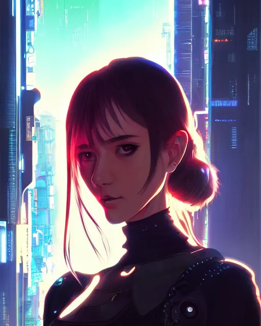 Prompt: a comic potrait of a cyberpunk cyborg girl with big and cute eyes, fine - face, realistic shaded perfect face, fine details. night setting. very anime style. realistic shaded lighting poster by ilya kuvshinov katsuhiro, magali villeneuve, artgerm, jeremy lipkin and michael garmash, rob rey and kentaro miura style, trending on art station