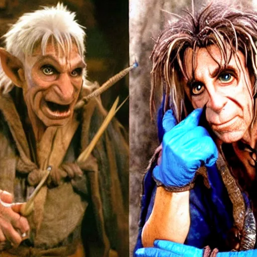 Image similar to Anthony fauci as Hoggle from Movie the Labyrinth. Wearing blue gloves.