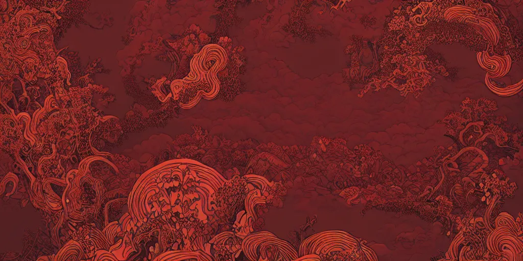 Image similar to dark red paper with intricate designs,tarot card ,a mandelbulb fractal dolomites and hay monsters, tyrolean folklore masks,full of golden layers, flowers, cloud, vines, mushrooms, swirles, curves, wave,by Hokusai and Mike Mignola, trending on artstation,elaborate dark red ink illustration