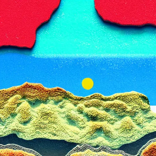 Image similar to alien land scape. ultra detail. natural lighting. islands. ocean. sunset. red. blue. yellow.