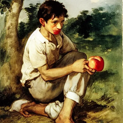 Prompt: tom sawyer eating an apple, illustration by eugene delacroix