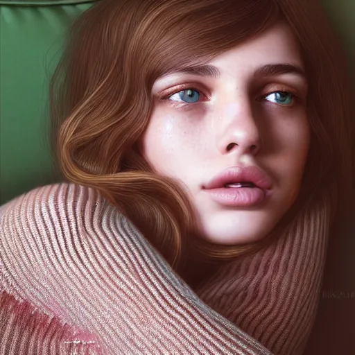 Image similar to intricate crisp portrait of a cute thin young woman, light bronze brown hair, very detailed emerald green eyes, red blush, light freckles, soft smile, casual clothes, relaxing on the couch, home interior, golden hour, close up shot, 8 k, art by irakli nadar, hyperrealism, hyperdetailed, ultra realistic