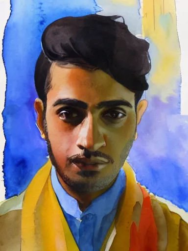 Image similar to water color painting, artwork by saul leiter, of a solo individual portrait of an indian guy with lilies, dapper, simple illustration, domestic, nostalgic, full of details, matte painting, trending on artstation and unreal engine