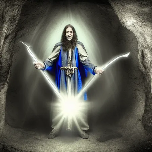 Image similar to a wizard, with a magic staff in his hands and a blue cape around him, inside a cave, he tries to cast a magic spell, but he failed and he frustrated. the background is inside the cave, black and white, mystic, fantasy, magic, award winning photography, hdr, studio lighting medium close shot, mucha style,