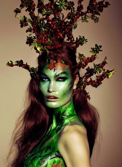 Image similar to A beautiful portrait of Ophelie Guillermand as Poison Ivy from Batman as a Versace fashion model Spring/Summer 2012, highly detailed, in the style of cinematic, Getty images, Milan fashion week backstage, Makeup by Pat McGrath, Greg rutkowski