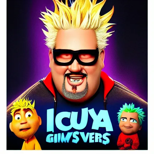 Image similar to a pixar movie starring Guy Fieri as a goofy villain, promotional poster, award-winning cinematography, 4k