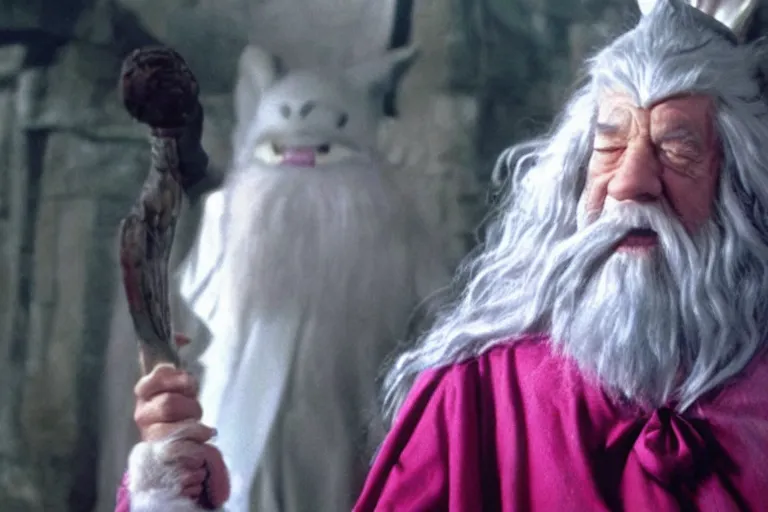 Image similar to portrait of Gandalf dressed up as hello kitty, smiling kindly, movie still from Lord of the Rings