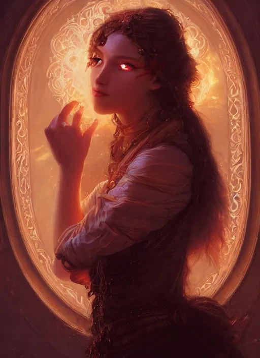 Prompt: woman with three vertical pairs of glowing eyes, fantasy, digital art by eugene de blaas, ross tran, and nasreddine dinet, vibrant color scheme, intricately detailed, in the style of romanticism, cinematic, artstation, greg rutkowski