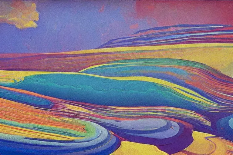 Image similar to Psychedelic sci-fi dreamworld. Landscape painting. Organic. Winding rushing water. Waves. Clouds. Wayne Thiebaud