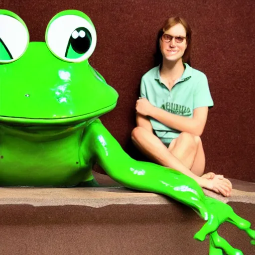 Prompt: a giant green frog poses for an awkward 1980s student portrait