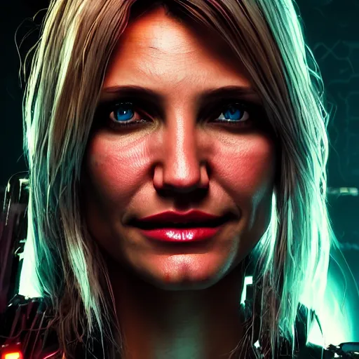 Image similar to cameron diaz portrait, Cyberpunk 2077, cyberpsycho, photorealistic, ultra detailed, neon, octane, bokeh, cyber, cyberpunk city, feature, scars, cyberface, 8k