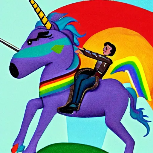 Image similar to wesley crusher riding a unicorn into battle