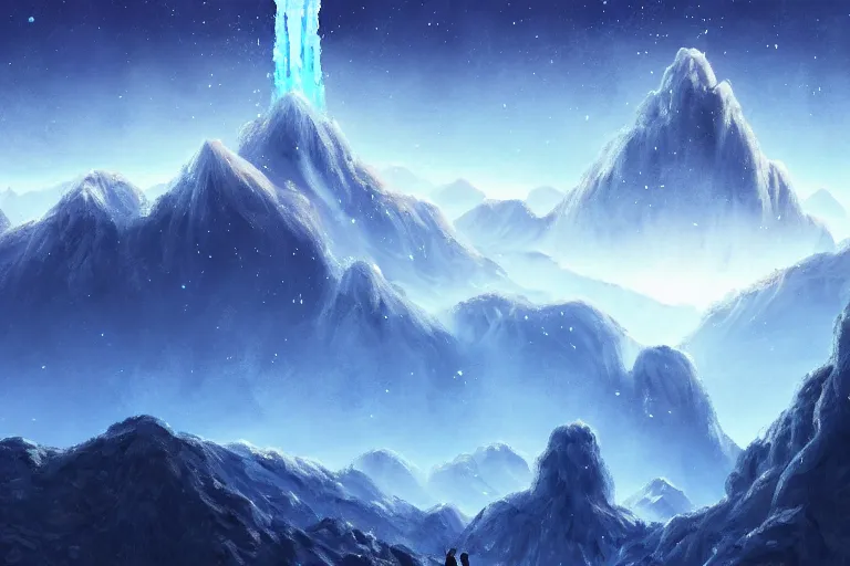 Prompt: blue themed ice crystal geode mountain landscape, meteor shower, epic, miyazaki style, cinematic, indie, highly detailed, featured on artstation, highly detailed, abstract