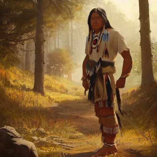Prompt: native american indigenous man wearing traditional clothing standing on a path, facing forward, greg rutkowski, detailed artwork, unreal engine