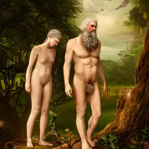 Image similar to white - bearded, god, contemplating adam and eve's future, in the garden of eden - sorcerer, detailed, futuristic, photo - realistic, digital art