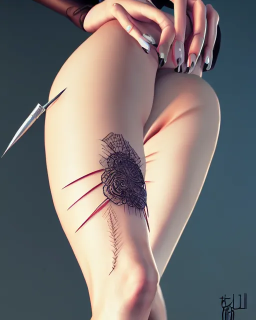 Image similar to full closeup thigh shot of a beautiful secretary woman in work dress, giant needles poked through skin art by saruei and guweiz and ilya kuvshinov, digital art, highly detailed, intricate, sharp focus, trending on artstation hq, deviantart, pinterest, unreal engine 5, 4 k uhd image