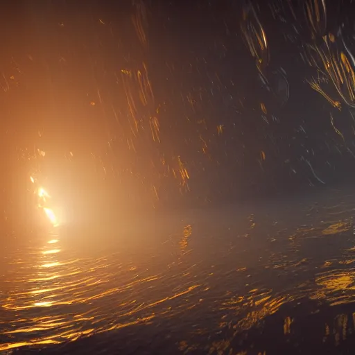 Prompt: a giant stream of liquid gold ascending into a deep black center of gravity, cinematic space scenery, volumetric light, conceptart, unreal engine 5, 8 k, high depth of field, depth perception, rich deep colors, artstation