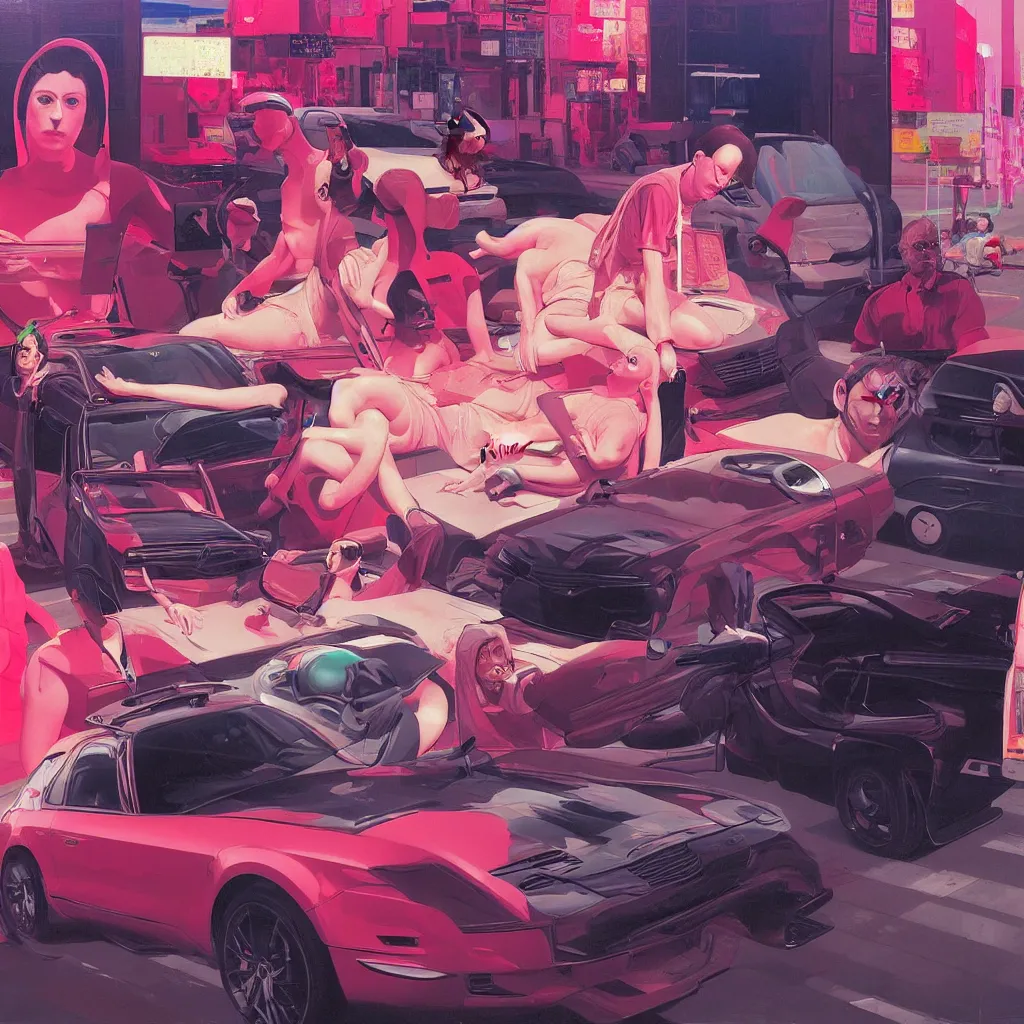 Image similar to weird and disturbing painting of todd solondz driving a car in the streets of tel aviv, vivid colors, neon, art by ( ( ( kuvshinov ilya ) ) ) and wayne barlowe and francis bacon and artgerm and wlop and william - adolphe bouguereau