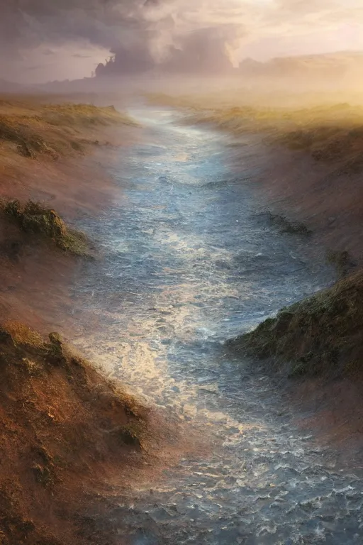 Image similar to muddy river joining seashore by hiroshi yoshida, marc simonetti, roger deakins, turner, rothko, hyperrealistic, cinematic, rock plateau, dramatic stormy scene, sunset, matte painting, fluid simulation, tonalism, volumetric light, trending on artstation, 8 k high detail concept art, top view, rendered in octane