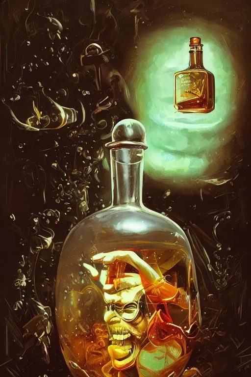 Image similar to imagine a ship in a bottle but instead of a ship a young jack nicholson is in the bottle, jack nicholson, fancy whiskey bottle, masterpiece painting by peter mohrbacher