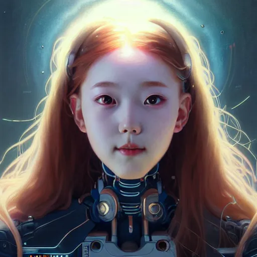 Image similar to portrait painting of a cute cyborg chuu loona kpop smiling cheerfully, ultra realistic, concept art, intricate details, eerie, highly detailed, photorealistic, octane render, 8 k, unreal engine. art by artgerm and greg rutkowski and magali villeneuve and alphonse mucha