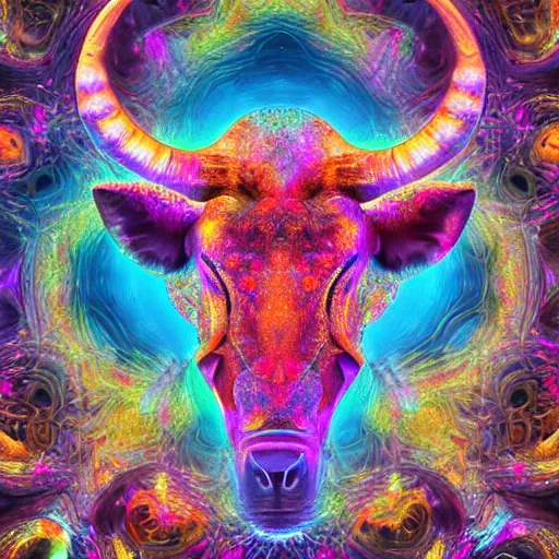 Prompt: Photorealistic physical manifestation of the zodiac taurus. Hyperdetailed photorealism, 108 megapixels, amazing depth, sharp focus, psychedelic overtones, 10k resolution, beautiful glowing colors