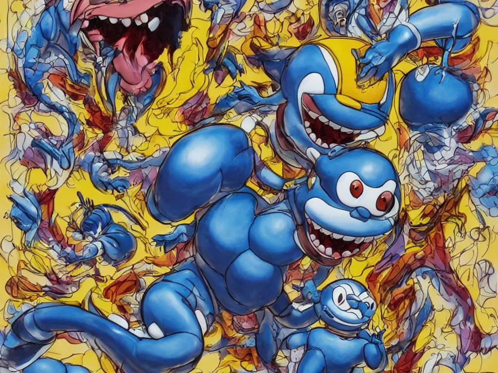 Prompt: Jeff Koons Doraemon Dorami Street Sharks Venom Galaxy Rangers Fractal Dragon statue, in the style of Hajime Sorayama, Max Fleischer, Boris Vallejo