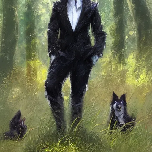 Image similar to portrait of a cute anthro male anthropomorphic border collie fursona wearing a suit in a sunny glade. by henry asencio, jon foster, and ross tran. scenic background, highly detailed, concept art, furry, glamor pose, elegant, aesthetic, beautiful, trending on artstation, top rated on furaffinity and deviantart