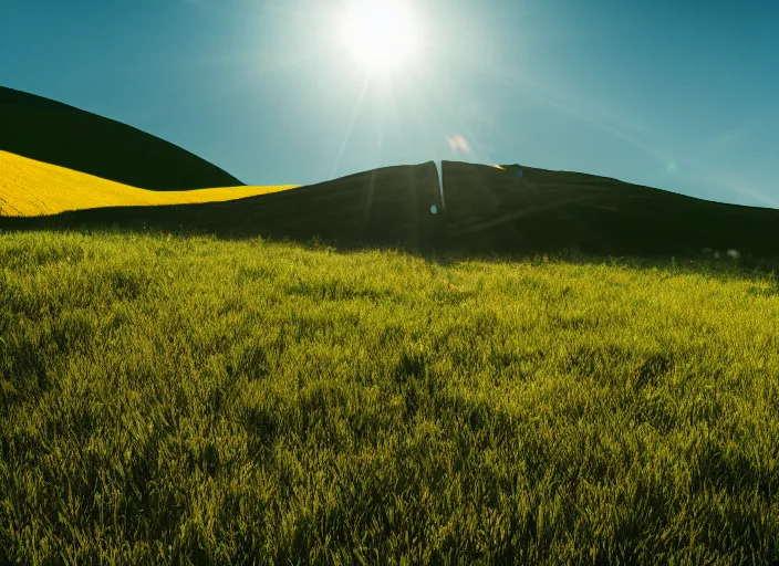 Image similar to green and yellow fields, a hill, under a blue sky, Photography, Filmic, DSLR, Wide Angle, Lens Flare, 8K, Sunlight, Cinematic Lighting, Artstation, Unreal Engine