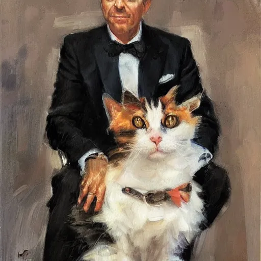 Prompt: portrait of a calico cat sitting on the lap of a man wearing a suit, rob rey, giuseppe dangelico pino, michael garmash, highly detailed, masterpiece