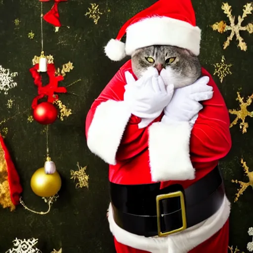 Image similar to extremely obese big fat cat, wearing santa hat,