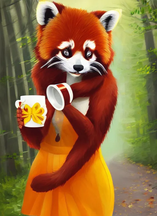 Image similar to beautiful portrait commission of a female furry anthro red panda fursona wearing a yellow dress, drinking a cup of coffee while walking through a summer forest, beautiful, vivid, highly detailed, trending on artstation,