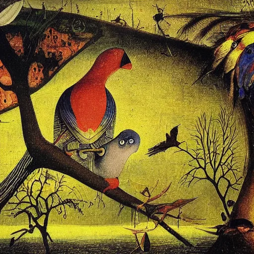 Image similar to A beautiful experimental art of a bird in its natural habitat. The bird is shown in great detail, with its colorful plumage and intricate patterns. The background is a simple but detailed landscape, with trees, bushes, and a river. bright yellow by Jack Davis, by Hieronymus Bosch rich