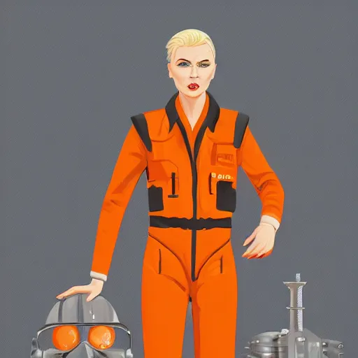 Image similar to character concept art of heroic stoic emotionless butch blond handsome woman engineer with very short slicked - back butch hair, narrow eyes, wearing atompunk jumpsuit, orange safety vest, retrofuture, highly detailed, science fiction, illustration, oil painting, pulp sci fi